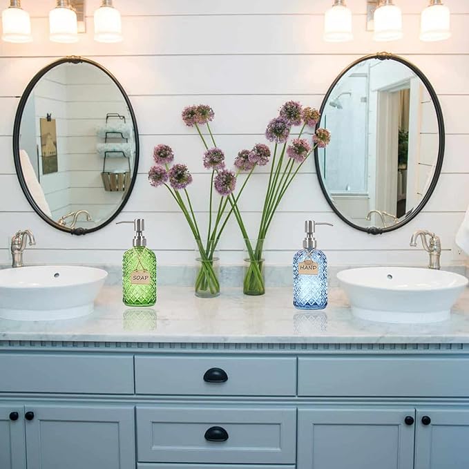 16 oz Diamond Pattern Glass Soap Dispenser, Kitchen and Bathroom Refillable Soap Dispenser with Rust Resistant Stainless Steel Pump for Hand Soap, Lotion Glass Liquid Dispenser(Green)