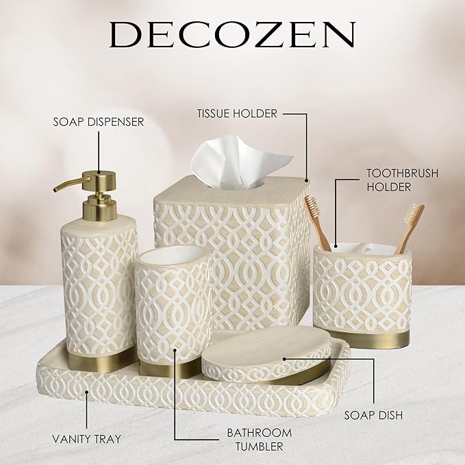 6-Piece Bathroom Accessories Set – Soap Dispenser, Toothbrush Holder, Tumbler, Soap Dish, Cotton Swab Jar & Toilet Brush – Modern Bathroom Decor Set (Solana)