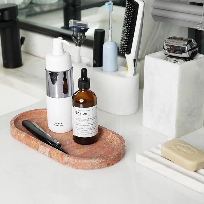 Koville Turkish Red Travertine Tray, 10" x 5" Vanity Decorative Marble Tray for Bathroom, Home Décor Trays for Countertop Organizer, Catchall Trays for Perfume, Candles, Jewelry