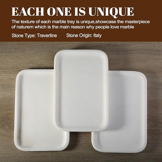 Koville Marble Tray, 12"x8" Marble Vanity Tray for Bathroom Kitchen Countertop, Rectangular Stone Tray for Cosmetics Perfume Trinket, Decorative Catchall Trays (White)