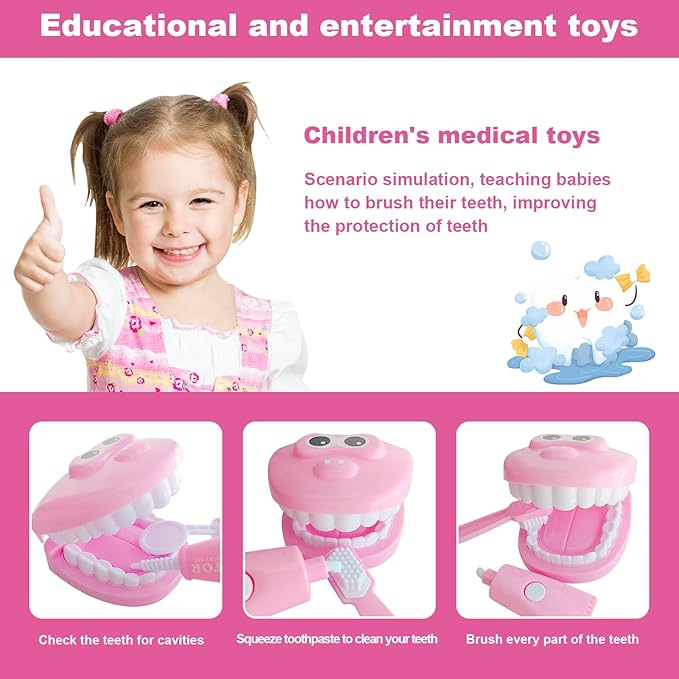 9-Piece Dental Pretend Play Set, Educational Dentist Play Kit with Teeth Model, Toothbrush, Dental Mirror, Syringe, Toothpaste, Tray, and Dental Tools, Fun Pretend Play Doctor Kit for Kids (Pink)
