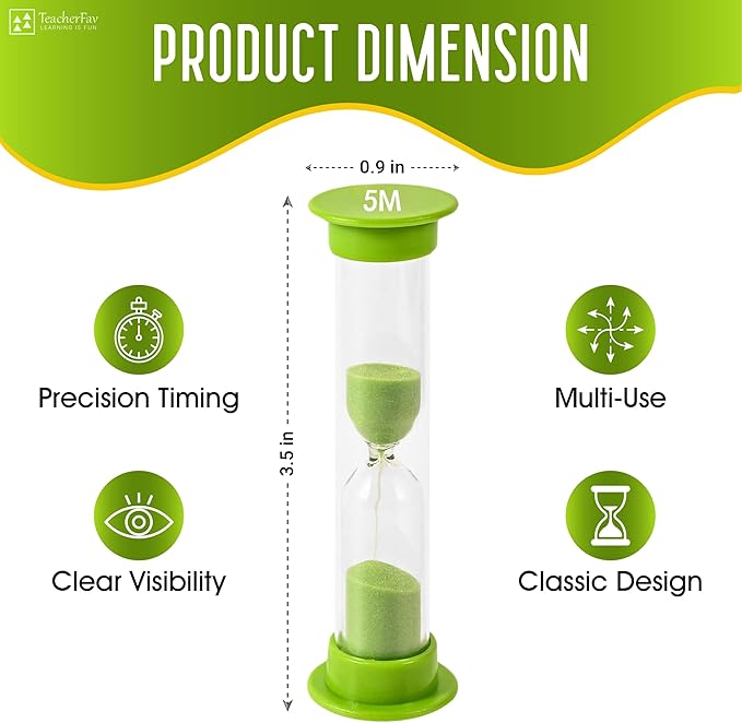 Sand Timer for Kids - 5 Minute Set of 4 Hour Glass - Green Color- Acrylic Covered for Classroom, Home & Kids Room