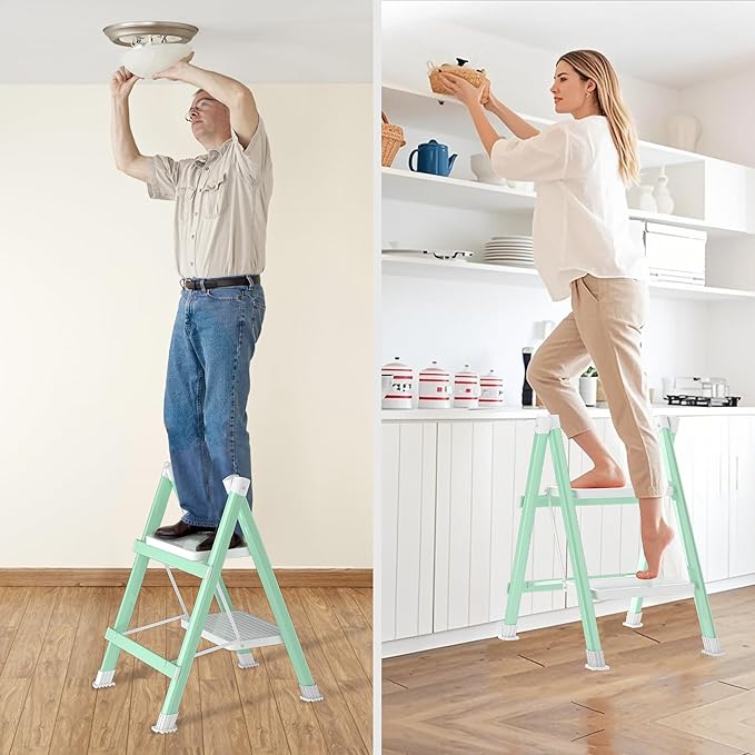 2 Step Ladder, Folding Step Stool with Anti-Slip Wide Pedal, Anti-Slip Feet, Sturdiest Steel Construction, Steel Ladder for Home and Office, Green White