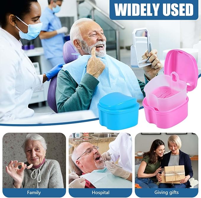 2 Pack Colors Denture Bath Case Cup Box Holder Storage Soak Container with Strainer Basket for Travel Cleaning (Light Blue and Pink)