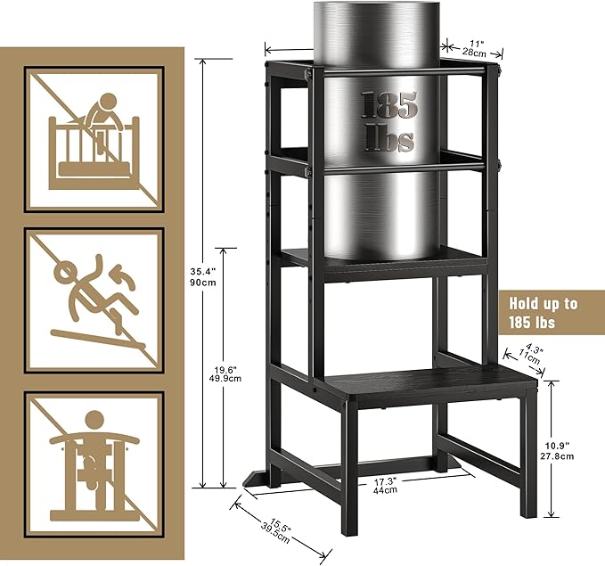 Kitchen Step Stool for Toddlers, Height Adjustable Toddler Tower with Safety Rail, Steel and Wood Toddler Kitchen Stool Helper Kids, Stool for Kids, Learning Tower, Kids' Desk Black