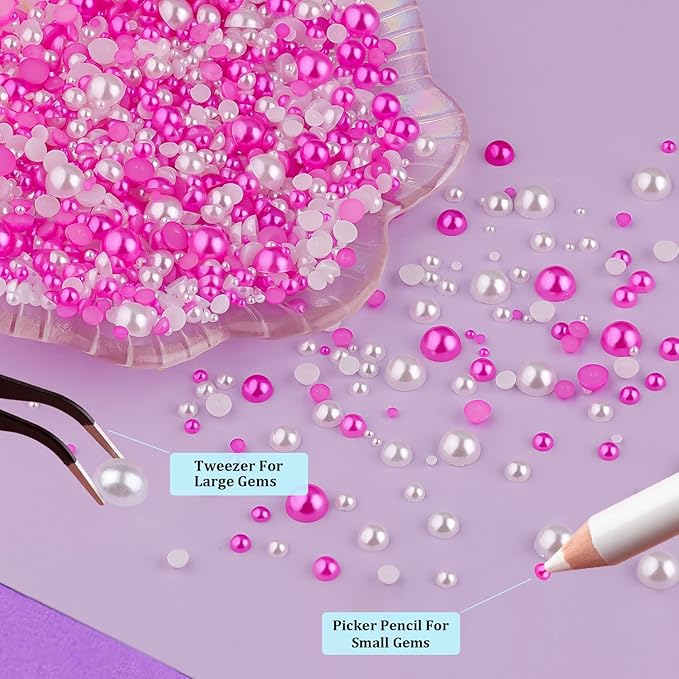 2 Boxes Flat Back Pearls Kit 9 2-8mm Flatback White&Rose Red Half Round Pearls with Pickup Pencil and Tweezer for Home DIY and Nail Art, Face Makeup and Craft