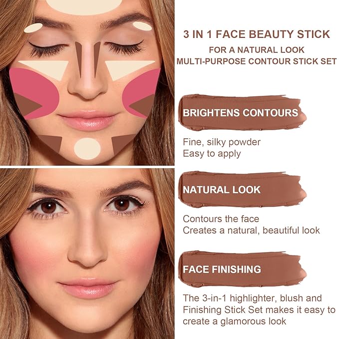 3-in-1 Cream Contour Stick Set - Blush, Bronzer & Highlighter for Cheek Sculpting - Long Lasting, Waterproof - Light (1+3+4)