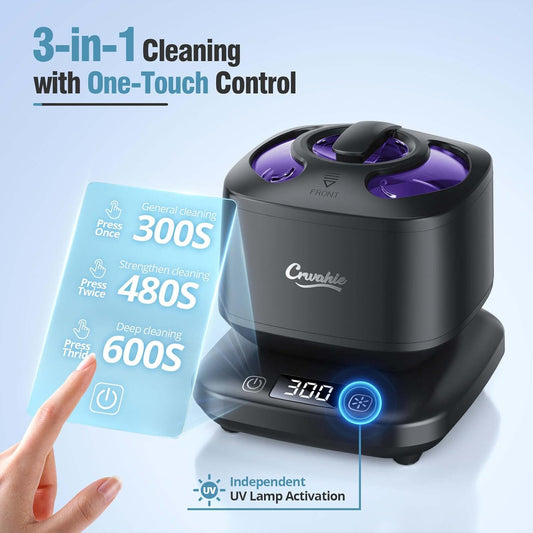 Ultrasonic Retainer Cleaner, Detachable 45kHz Retainer Cleaner Machine 3 Modes Dental Cleaning Pod with Visible Window Digital Timer for Mouth Guard, Dentures, Aligner, Braces, Jewelry - Black