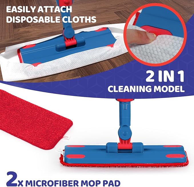 Kids Spray Mop Real with Sprayer + 2PCS Mop Pads, Toddler Cleaning Tool Real Works for Realistic Housekeeping Cleaner Pretend Play Toys Montessori Mini Mop & Sweeper for Kids Aged 3+