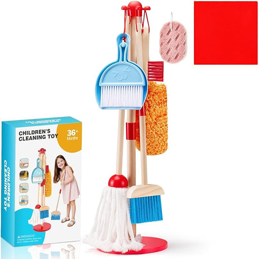 WHOHOLL Wooden Kids Cleaning Toy Set Toddler Broom and Dustpan Set for Housekeeping 9 Pcs Broom and Mop Set for Toddlers 3-5, Baby Cleaning Toys with Sponge, Christmas Birthday Gifts for Boys Girls