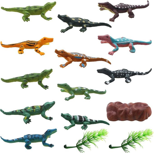 SmilerSmile Animal Assorted Mini Plastic Figures Toy Set, Educational Party Cake Topper, Goody Bag Filler (12pcs Aligator)