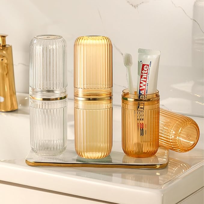 Travel Toothbrush Cup Case, Toothbrush Travel Container Portable Travel Toothbrush Holder Toothpaste Storage for School Camping Business Trip Bathroom (White,Gold)