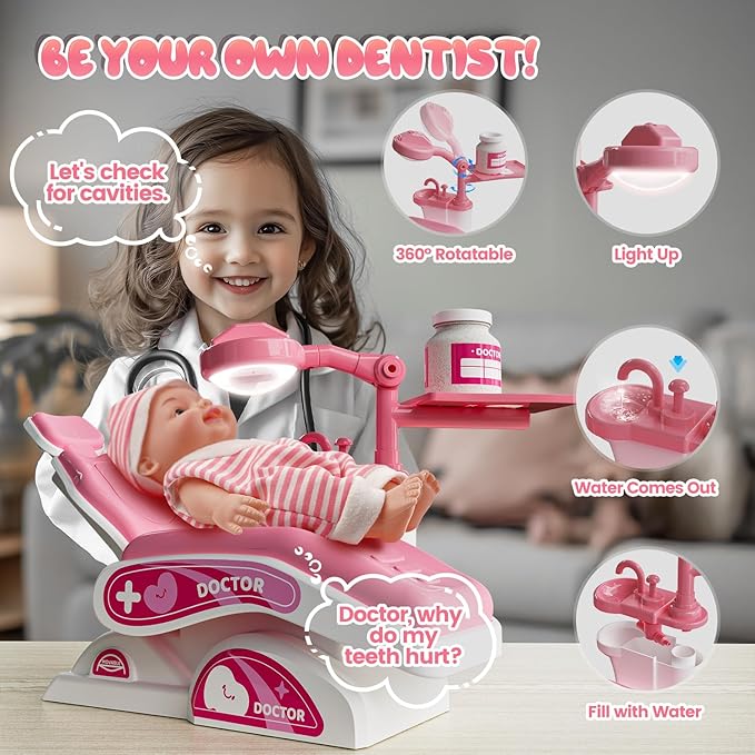 Toy Doctor Kit for Toddlers, Kids Dentist Play Set with Dentist Chair, Doll Toy, Stethoscope, Large Carrying Storage Bag, Dental Accessories, Pretend Doctor Play Medical Gift Kit for Girls(Pink