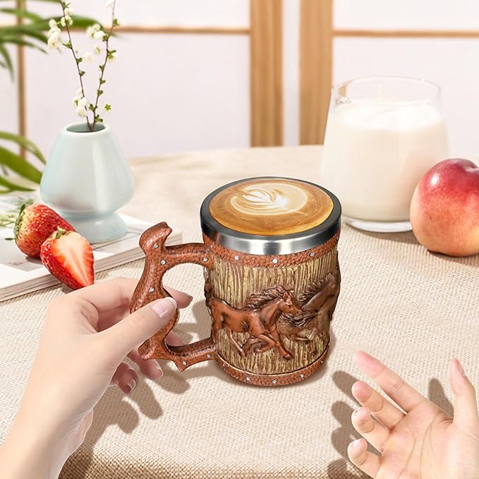 Wooden Barrel Beer Mug, 20oz Stainless Steel Horse Mug Coffee Cup Horses Gifts for Women Men Gift for Birthday Christmas, Gothic Decor Party Decoration Drinkware Gift
