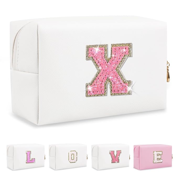 Small Initial Patch Makeup Bag Personalized Gifts Make Up Bag,White Cute PU Leather Glitter Letter Cosmetic Bag with Zipper,Trendy Portable Travel Toiletry Pouch,Preppy Stuff for Teen Girls Women X