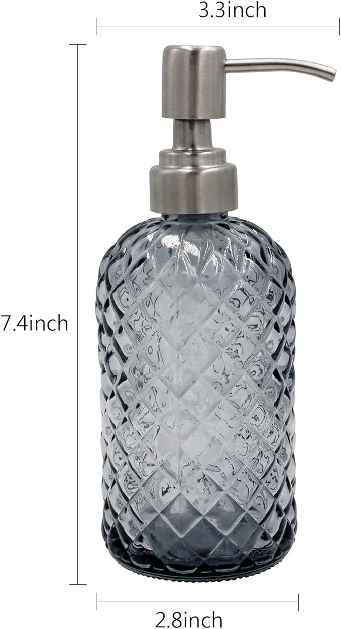16 oz Diamond Pattern Glass Soap Dispenser, Kitchen and Bathroom Refillable Soap Dispenser with Rust Resistant Stainless Steel Pump for Hand Soap, Lotion Glass Liquid Dispenser (Grey)