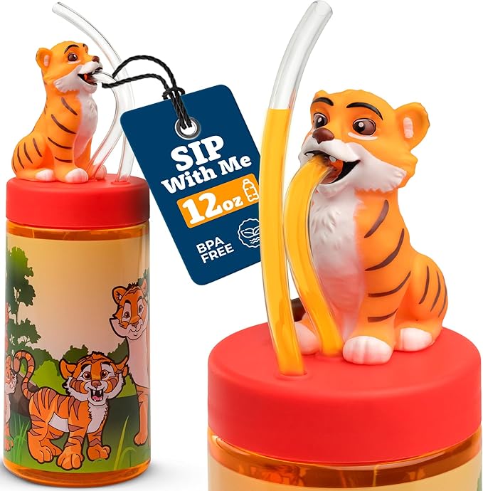 Kids Water Bottle, Toddler Cups, Tumbler with Lid and Straw, Travel Sippy Cup for Water or Milk, Kids Cups with Lids for Toddlers 3 and Up, BPA Free Plastic, 12 oz (Zoo Bengal Tiger)