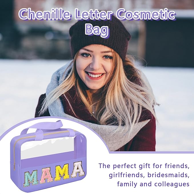 Chenille Letter Patch Mama Bag, Preppy Clear Makeup Cosmetic Bag Large Toiletry Storage Tote Bag with Handle, Transparent Nylon Waterproof Organizer Zipper Pouch for Travel Women Girls(Purple)