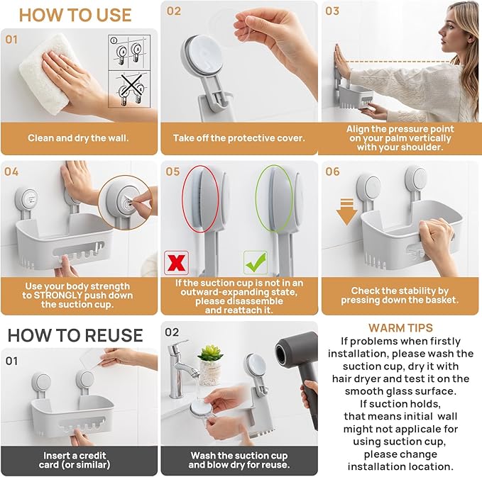 LEVERLOC Shower Caddy Suction Cup Set Shower Organizer & Soap Holder & Toothbrush Holder, Bathroom Shelf Basket NO-Drilling, Removable Suction Storage Waterproof Bathroom Caddy, Gray