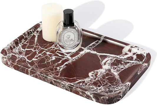 Marble Vanity Tray, 11.8in Stone Bathroom Tray for Countertop, Red Decorative Tray for Dresser Organizer, Luxury Serving Tray for Kitchen, Storage Dish for Kitchen Sink, Perfume, Jewelry Holder