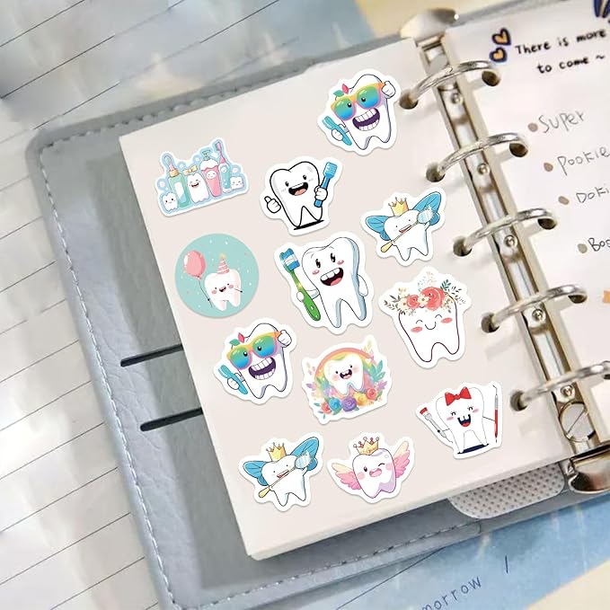 500PCS Teeth Stickers for Kids 10 Styles Sticker Rolls Cartoon Teeth Fairy Stickers Tooth Party Favors Waterproof Vinyl Stickers(500 Per Roll)
