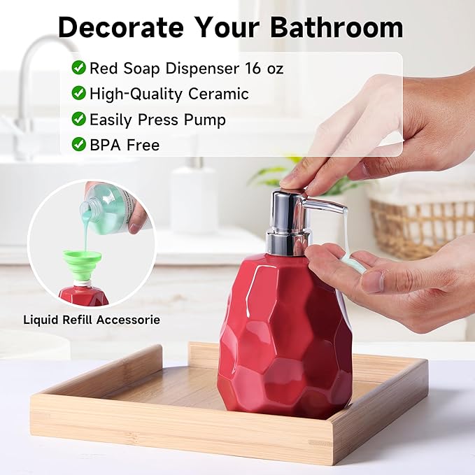 Ceramic Bathroom Accessories Set 4 PCS,Bathroom Toothbrush Holder Set,Soap and Toothbrush Holder Set,Include Toothbrush Holder,Soap Dispenser,Tumbler,Soap Dish,Bathroom Sets Decor Organizer (Red)