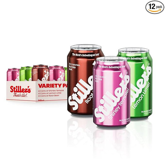 Stiller’s Natural Soda Variety Pack – Shirley Temple, Lemon Lime & Root Beer – 12pk of Low Sugar, Vitamin-Enriched Cans – All-Natural, No-Biotic, Zero-Guilt Sodas for Real Soda Lovers