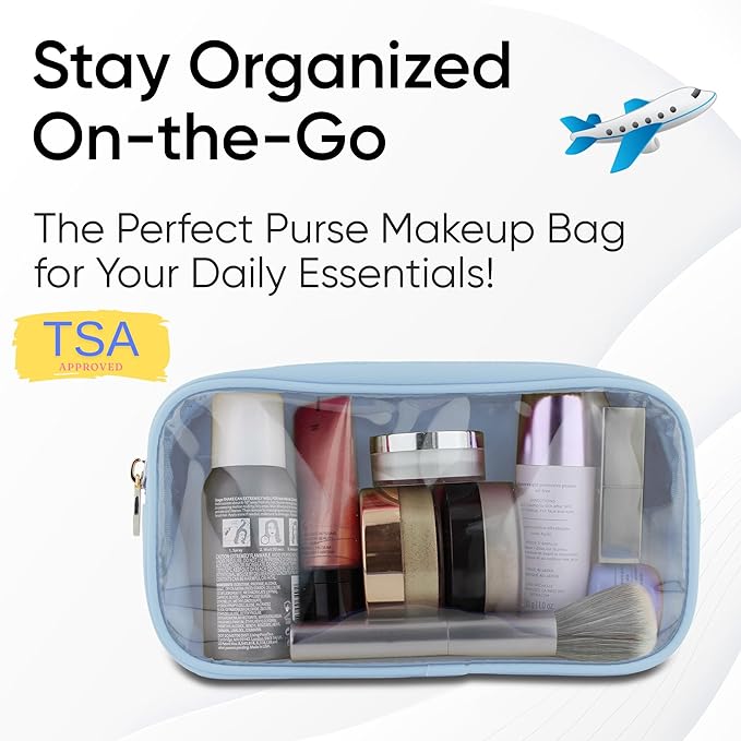 Small Clear Makeup Bag – Mini Pouch for Purse, Cosmetic Travel Case, Clear Cosmetic Bag, Light Blue Mini Makeup Bag, Compact Pouch for Purse