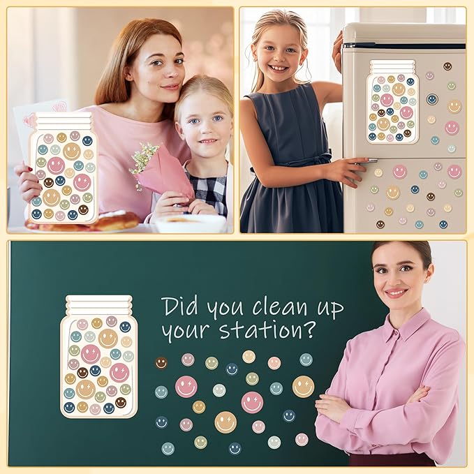Magnetic Smile Face Reward Jar for Kids 68Pcs Boho Smiley Faces 1 Storage Bag Reward Jars Positive Behavior Chart Behavior Management Classroom Tools for Students Teachers Back to School Supplies