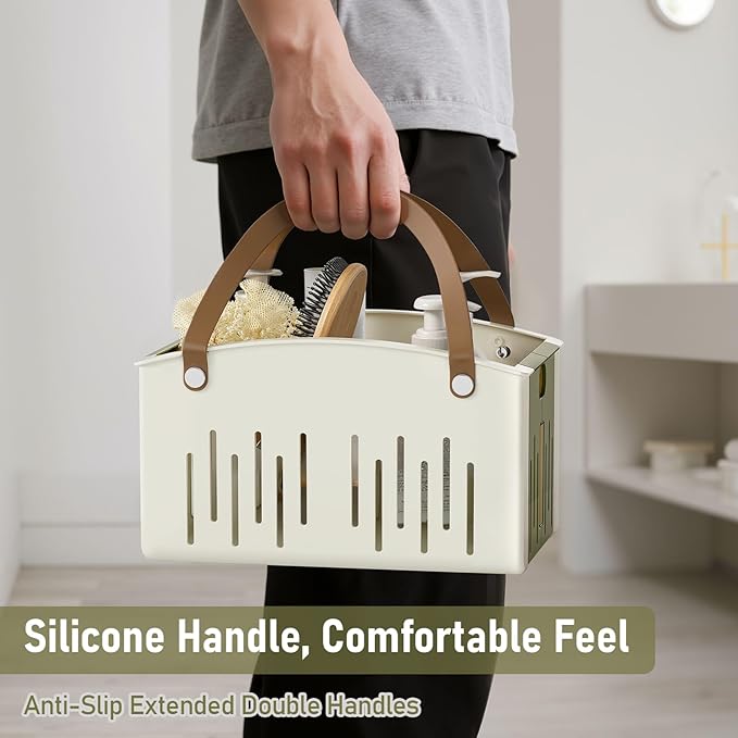 Delamu Portable Shower Basket Caddy with Double Handle Foldable Dry Wet Separation Design 11.0 × 7.1 × 6.5in, Travel, Camping, Gym, College Bathroom Tote, WhiteGreen, Ideal Christmas Gifts for Girls
