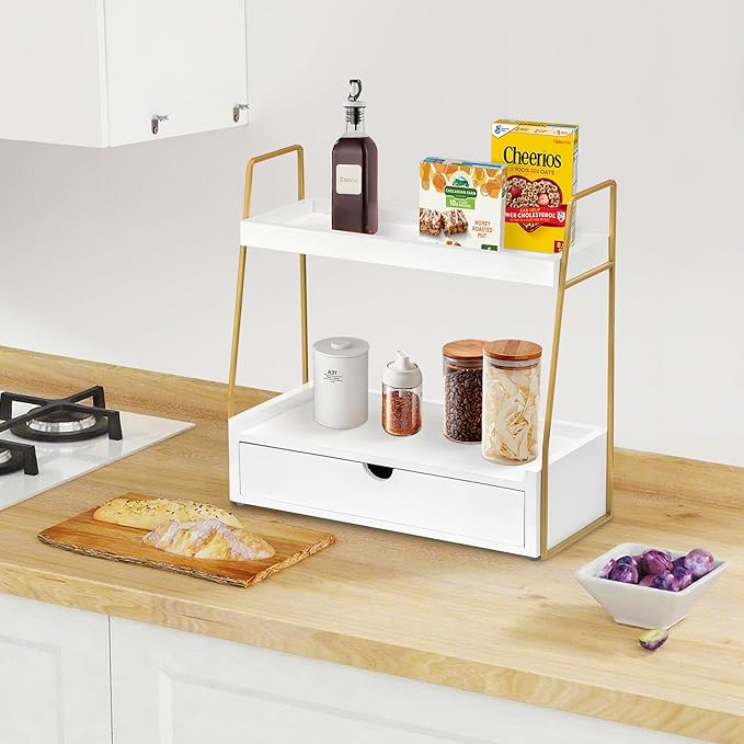 2-Tier Bathroom Organizer Countertop with Drawer, Wood Counter Organizer for Bathroom Decor, Sink Shelf for Vanity Storage, Makeup Tray for Perfume Skincare Bedroom Kitchen Corner