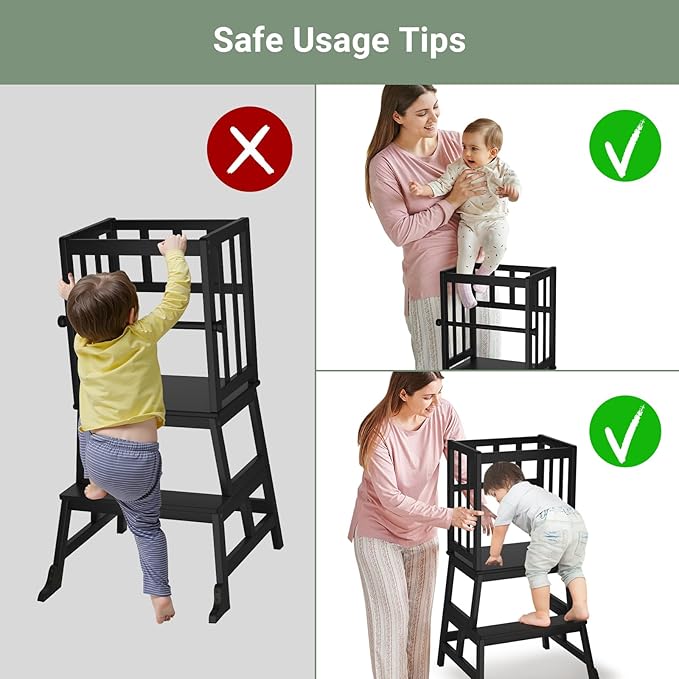 COSYLAND Kids Kitchen Step Stool Helper Baby and Toddler Multi-Function Step up Nursery Helper Stand with Safety Rail in Natural Bamboo, Strong and Lightweight 1.5-3 Years (Black)