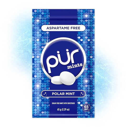 PUR Mints | Aspartame Free Breath Mints | Made with Xylitol | Sugar Free, Vegan, Gluten Free | Natural Polar Mint Flavor | 65 Pieces in Re-Sealable pouch (Pack of 1)