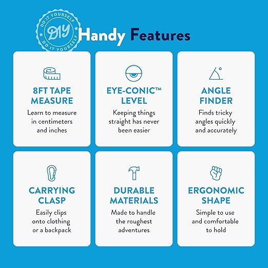 Handy Famm 8ft Blue Bird Tape Measure for Kids – STEM Educational Tool with Level, Protractor, Retractable Design - DIY Construction Toy, Child-Safe Measuring Tapes, Gift for Boys & Girls 3+