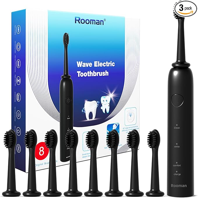 Rooman Oscillation&Vibration Sonic Electric Toothbrush for Adults, with 8 Brush Heads for Travel & Teeth Care, 20000 VPM, 3 Cleaning Modes, 2-Minute Timer, IPX7 Waterproof (Black)