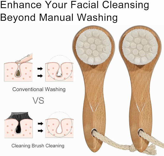2 Pcs Face Scrubber with Wooden Handle, Facial Cleansing Brushes Face Wash Brush for Deep Pore Cleansing and Exfoliating, Ultra Soft Bristles Manual Dry Brush for Face Care，White