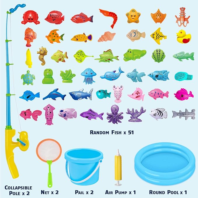 CozyBomB™ Magnetic Fishing Toys Game Set for Kids | Water Table Bathtub Kiddie Pool Party Pole Rod Net, Outdoor Plastic Floating Fish, Toddler Bath Color Ocean Sea Animals Birthday Gift Age 3-5 6 4-8