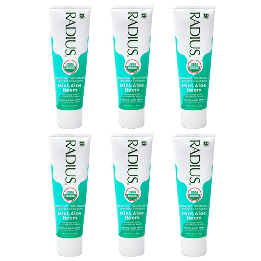Radius Toothpaste, Mint Aloe Neem, 3 oz, USDA Organic Non-Toxic Chemical-Free Gluten-Free, Designed to Improve Gum Health & Prevent Cavities, Pack of 6