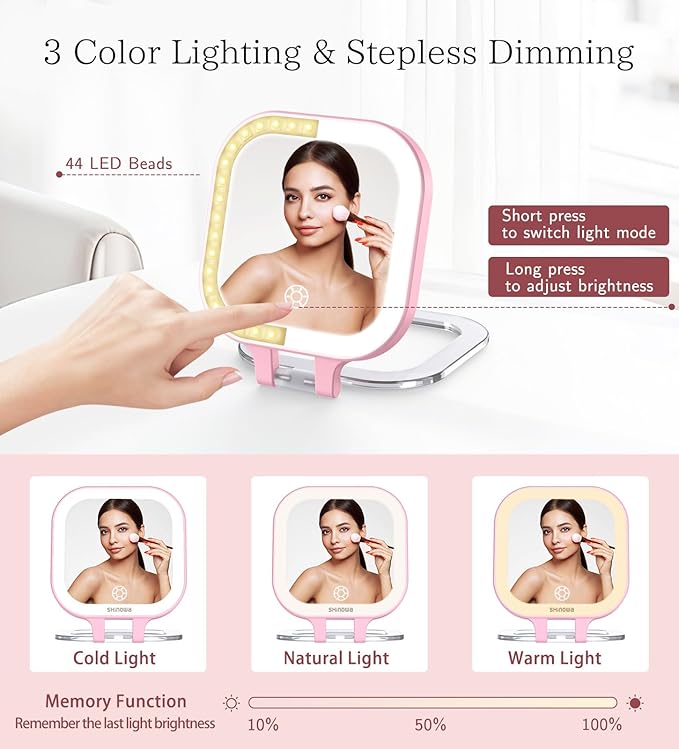 Shinowa Rechargeable Travel Makeup Mirror with 44 LED Lights, 1X/10X Magnifying Vanity Mirror with 3 Color Light, Folding Stand, 4 Inch Portable Dimmable Double Sided Compact Lighted Mirror, Pink