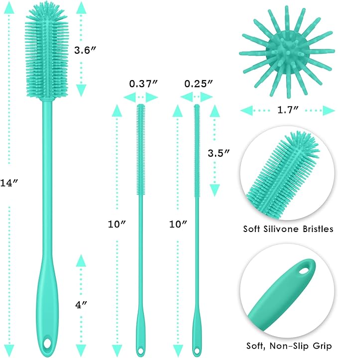 3-in-1 Silicone Bottle Brush and Straw Cleaning Brush Set, Water Bottle Cleaner for Narrow Neck Containers, Tumblers, Flask, Vase and Glassware (Teal)