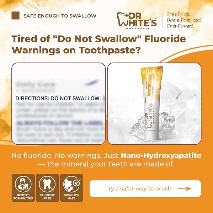 Dr. White’s Fluoride-Free nHA Toothpaste; Dentist-Formulated, Nano Hydroxyapatite + Xylitol, Sensitivity Relief Complex™, Mint-Free, Enamel Safe, Swallow-Safe (3.5 Oz, Mango Joy)