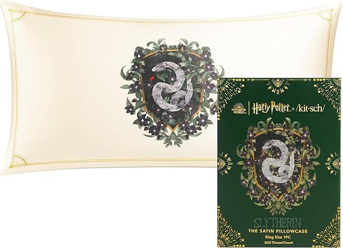 Kitsch x Harry Potter Slytherin Satin Pillowcase with Zipper for Hair & Skin – Double-Sided, Softer Than Silk, Wrinkle-Free, Machine Washable, Frizz Control, Breakout Prevention - King Size (19x36)