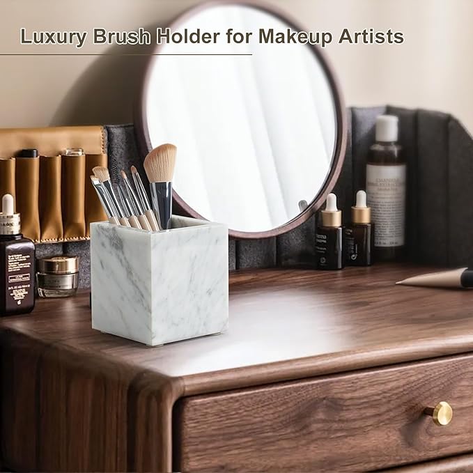 Real Natural Marble Toothbrush Holder & Pen Holder & Makeup Brush Holder, Genuine Stone Rectangular Bathroom Tumbler Cup, Durable Office & Home Countertop Organizer