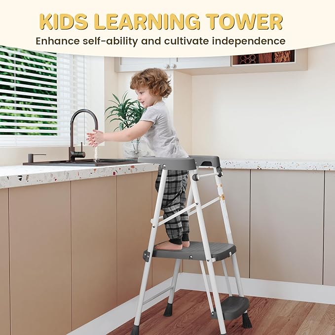 HBTower Kids 2 Steps Step Stool, Toddler Tower for Kitchen Counter Learning, Toddler Kitchen Stool Helper with Anti-Drop Safty Railing Kids Standing Folding Stepper