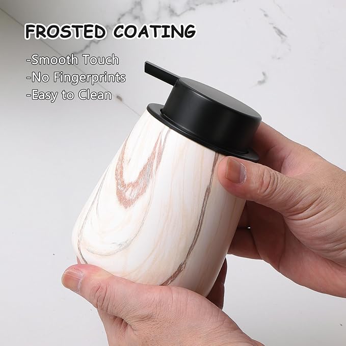 12Oz Ceramic Liquid Soap Dispenser - Modern Lotion Hand Soap Dispenser with Easy-to-Press Black Pump, Reusable and Refillable Dish Soap Dispensers for Bathroom & Kitchen, Marble Brown