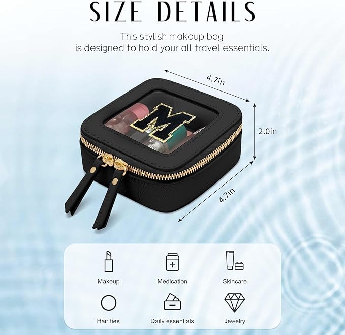 Initial Travel Toiletry Bag - Cosmetic Bags for Girls with Zipper, Clear & Potable Girls Makeup Bag for Travel, Small Cosmetic Pouch Perfect Gifts for Graduation (Black, M)