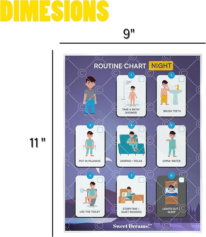 Night Routine Chart for Kids – Step-by-Step Visual Schedule (9x12 Laminated) | Self-Care Educational Chart for Children, Special Needs & Autism – Bedtime Routine Support – English