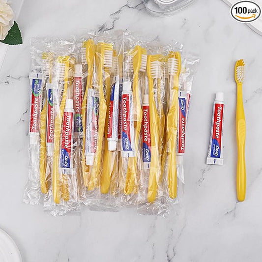 Disposable Toothbrushes with Toothpaste Pack of 100, Yellow Hollow Toothbrush with 10g Toothpaste Individually Wrapped Disposable Travel Toothbrushes Kit in Bulk for Homeless,Airbnb,Hotel,Charity