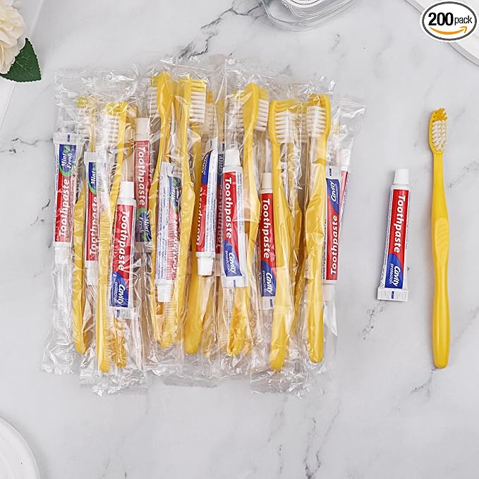 Disposable Toothbrushes with Toothpaste Pack of 200, Yellow Hollow Toothbrush with 10g Toothpaste Individually Wrapped Disposable Travel Toothbrushes Kit in Bulk for Homeless,Airbnb,Hotel,Charity