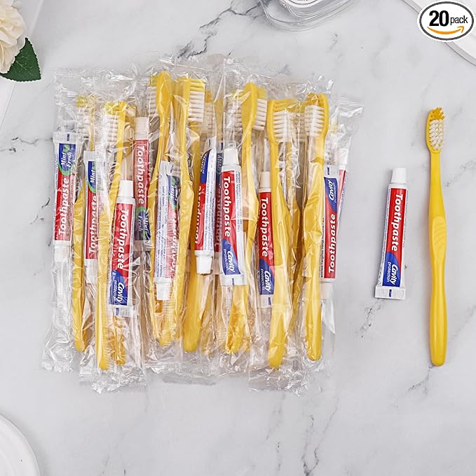 Disposable Toothbrushes with Toothpaste Pack of 20, Yellow Hollow Toothbrush with 10g Toothpaste Individually Wrapped Disposable Travel Toothbrushes Kit in Bulk for Homeless,Airbnb,Hotel,Charity
